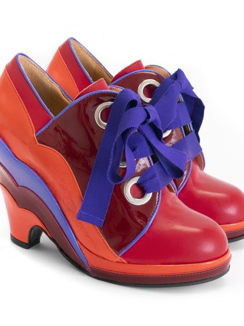 John Fluevog Miss August Red & Purple Lace-Up Sculpted Heels